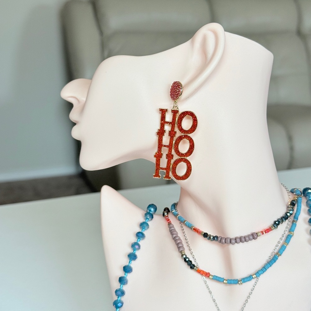 Festive Red 'HO HO HO' Drop Earrings